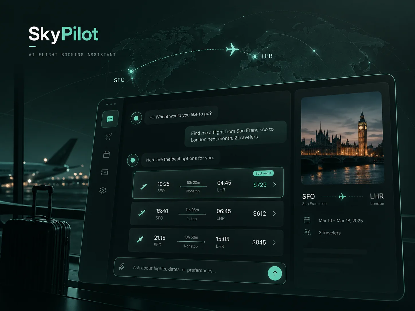 SkyPilot AI flight search and booking assistant product concept